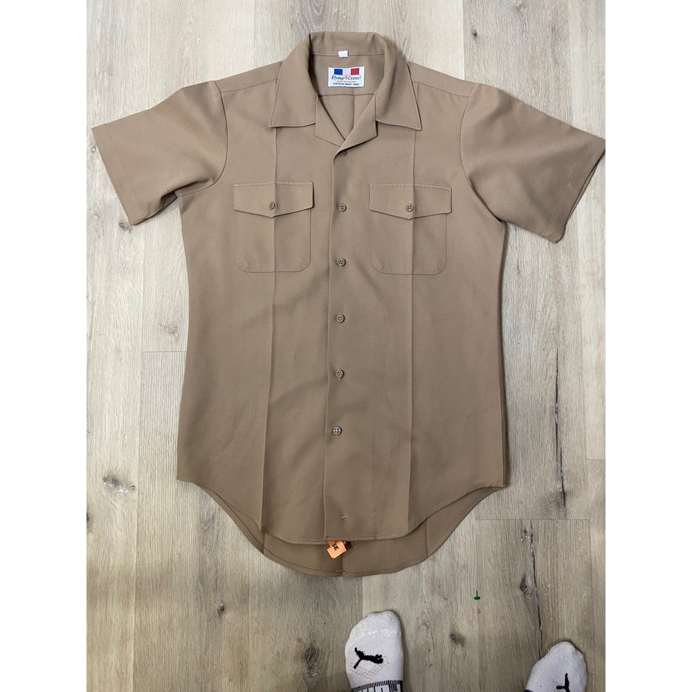 Vintage 1970s Flying Cross Military Shirt Mens Tan Khaki Short Sleeve Twill 70s